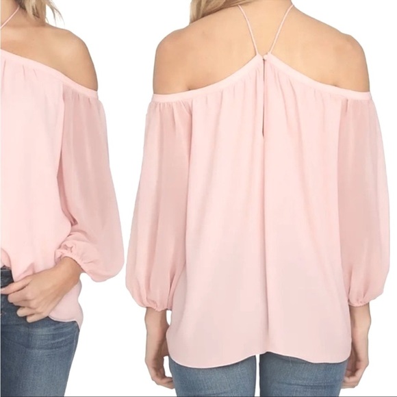 NWT 1. State Revolve Off the Shoulder Sheer Crepe Chiffon Top Pink Taffeta Small - Picture 9 of 16